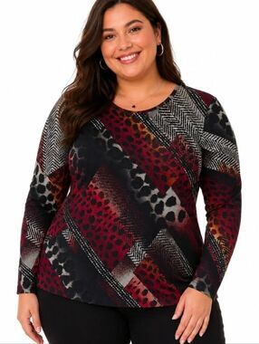 N Touch Women's Vibrant Pink Black Animal Print Pullover Long Sleeve Top